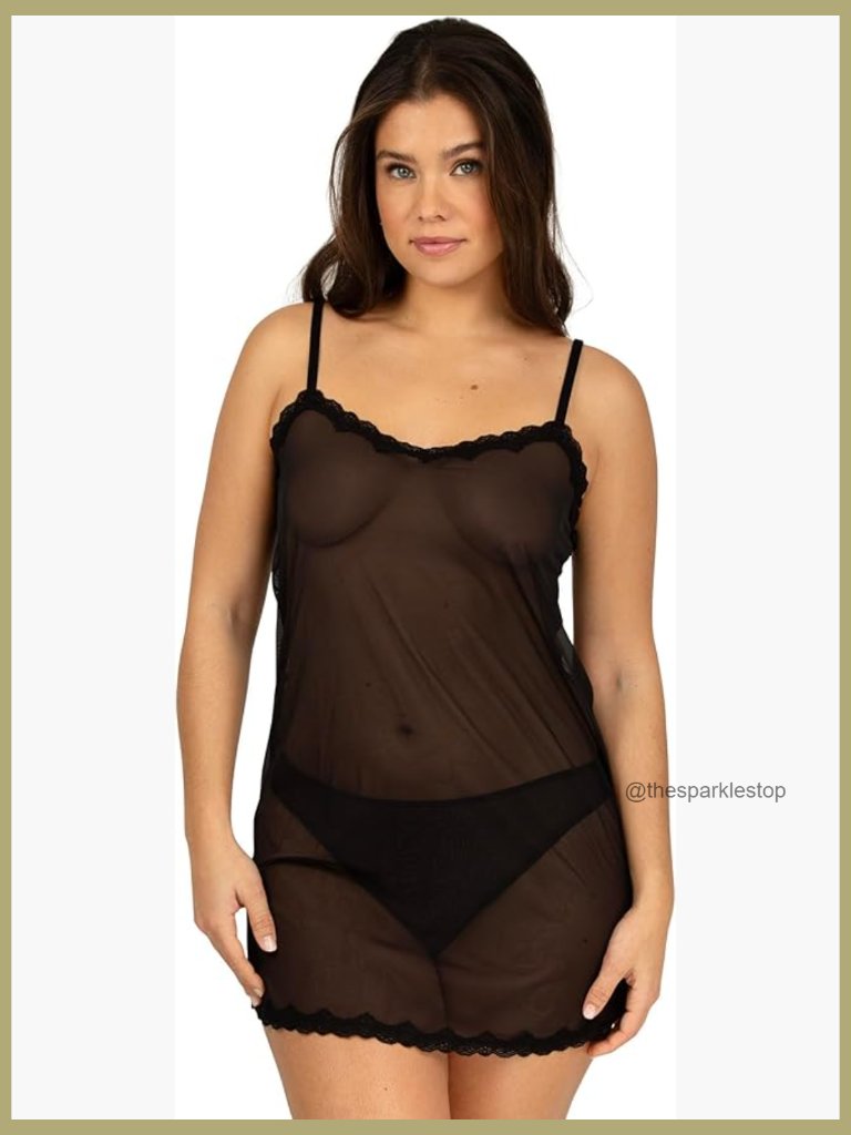 Sheer Lace And Mesh Chemise Lingerie, Adjustable Straps, V-Neck